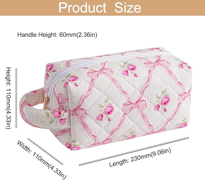 HHQQWZ Makeup Bag Travel Cosmetic Bag for Women, Zipper Make Up Pouch, Floral Flowers Toiletry Organizer Makeup with Handle, Cosmetic Travel Cloth Bag (Pink Bowknot)