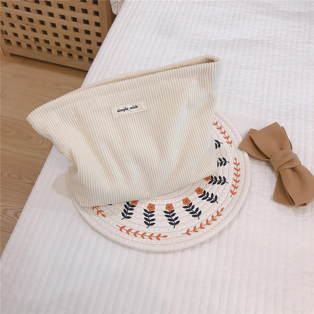 Wudygirl Travel Makeup Bag Large Capacity Cosmetic Bag for Women Corduroy Toiletry Pouch Handbags Zipper Purses Travel Essentials (Beige)