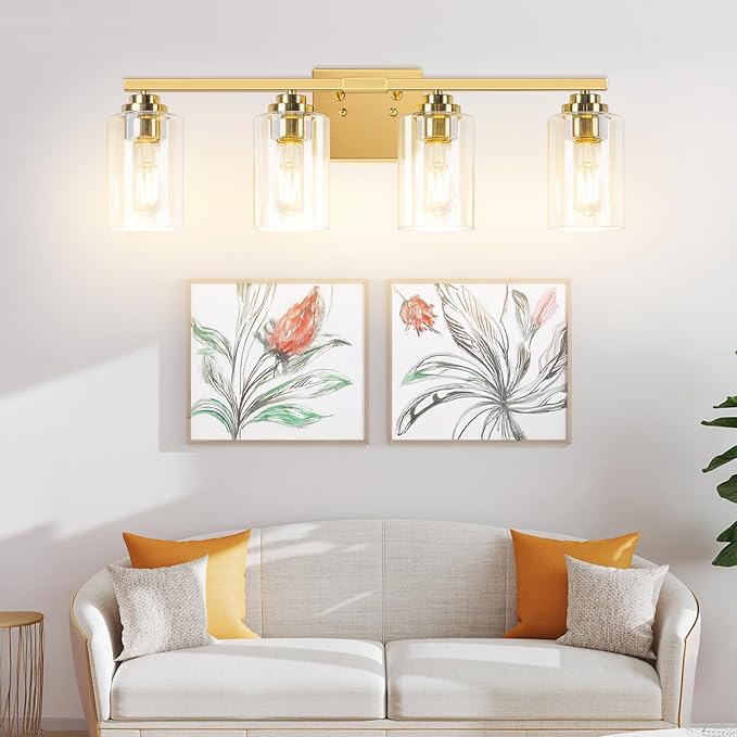 4-Light Bathroom Light Fixtures, 27" Modern Vanity Lights Over Mirror with Clear Glass Shades, Brushed Gold Vanity Lights, Classic Wall Lamp for Mirror Living Room Cabinet Bedroom Porch Kitchen