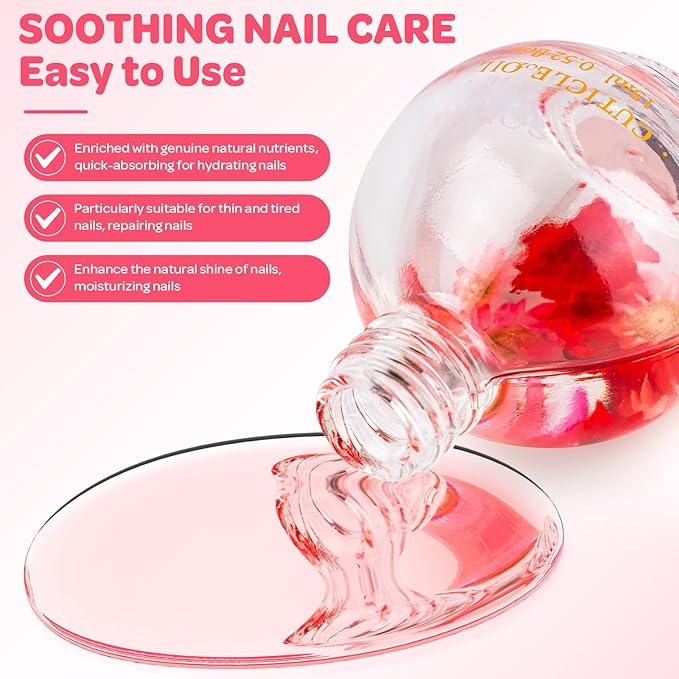 JIASHENG Cuticle Oil, Strawberry Nail Oil Infused with Real Flowers 15ml