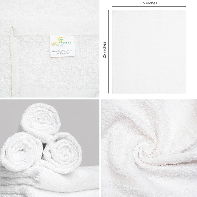 GOLD TEXTILES Bulk Pack 60 Pcs (5 Dozen) White Economy 15x25 Inches Basic Hand Towel - 2.25 lb/dz