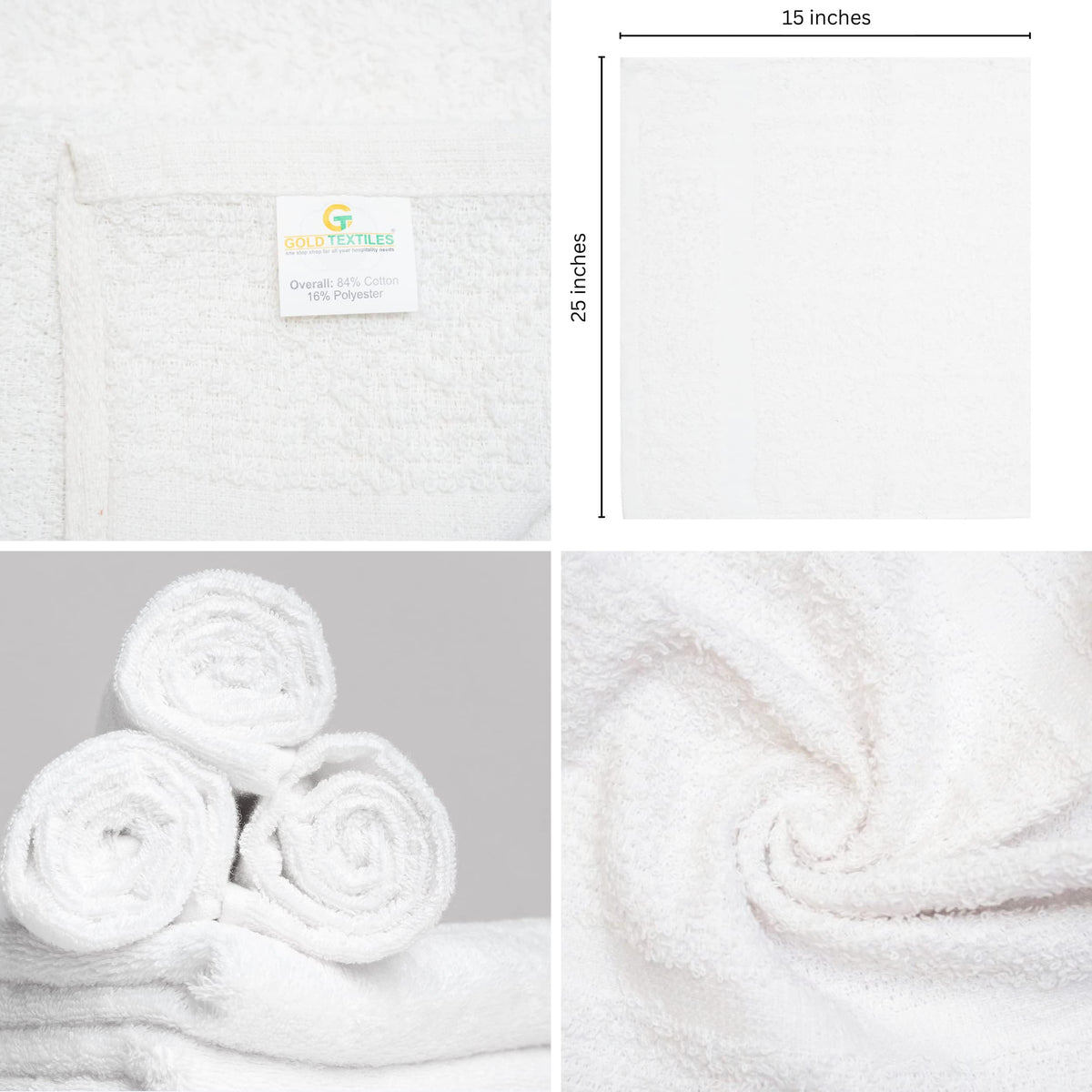 GOLD TEXTILES Bulk Pack 60 Pcs (5 Dozen) White Economy 15x25 Inches Basic Hand Towel - 2.25 lb/dz