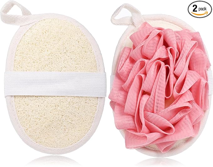 2PCS Pink Loofah Sponge - Exfoliating Loofah for Women & Men, Natural Body Face Scrubber Sponge, Bath Accessories for Travel Skin Care and Cleansing
