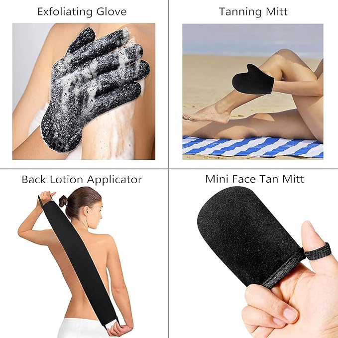ANSPHIE 5 Pack Self Tanning Mitt Applicator Kit, Self Tan Glove, Face Tan Mitt, Back Lotion Applicator, Exfoliating Glove, Tanning Brush for Tanner Fake Bake