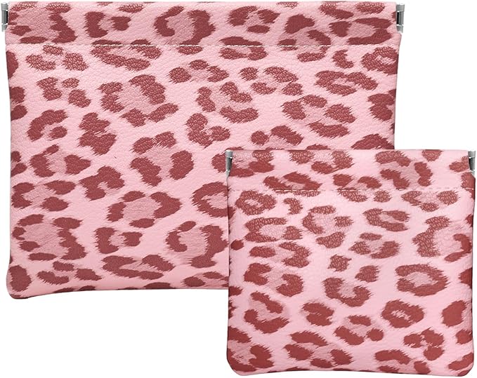 Ksriylm 2 Leopard Leather Small Makeup Pouches Set for Women,Cosmetic Accessories,Waterproof and Portable Cosmetic Bags,Self-closing,No Zipper, Aesthetic Storage Pouch,Lipstick for Purse, Pink