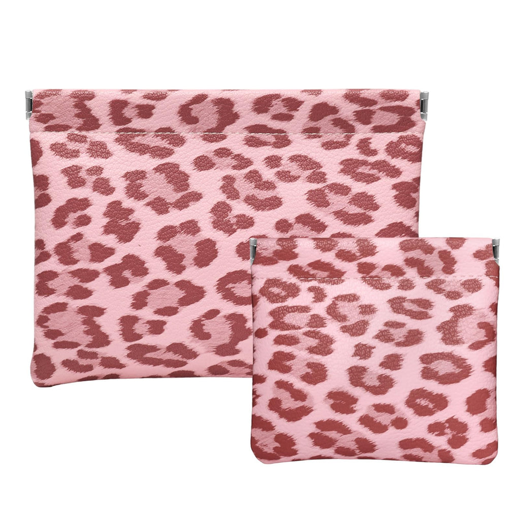 Ksriylm 2 Leopard Leather Small Makeup Pouches Set for Women,Cosmetic Accessories,Waterproof and Portable Cosmetic Bags,Self-closing,No Zipper, Aesthetic Storage Pouch,Lipstick for Purse, Pink