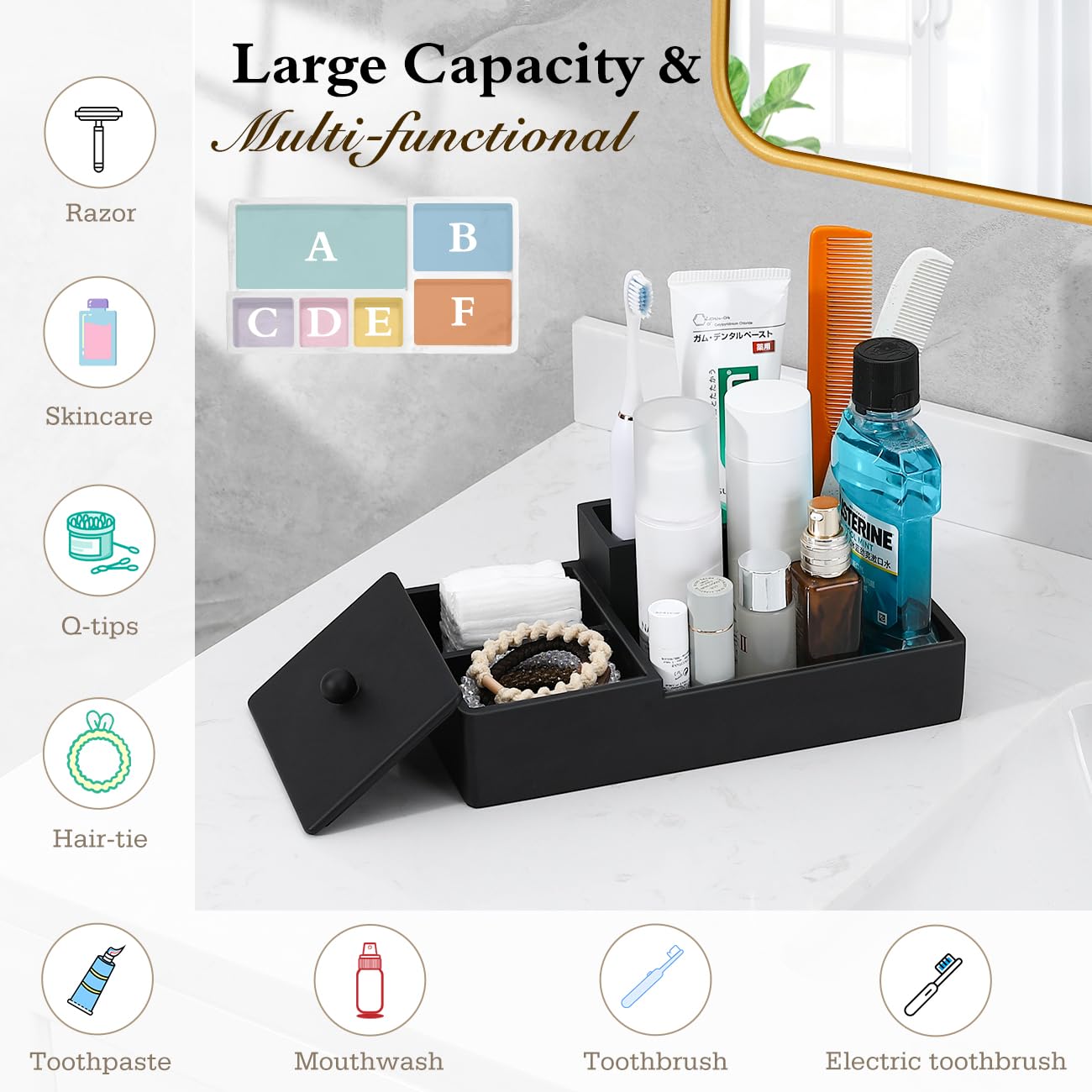 Luxspire Bathroom Counter Organizer, Marble Toothbrush Holder for Bathroom 6 Slot, Bathroom Vanity Organizer with Lid, Bathroom Organizer Countertop for Cotton Ball, Q-Tips, Floss, Matte Black