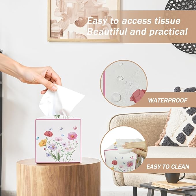 Wildflowers Butterfly Tissue Box Cover Square with Bottom Belt, Leather Waterproof Tissue Holder Facial Paper Case for Tabletop Home Office Bathroom Car Decor -05
