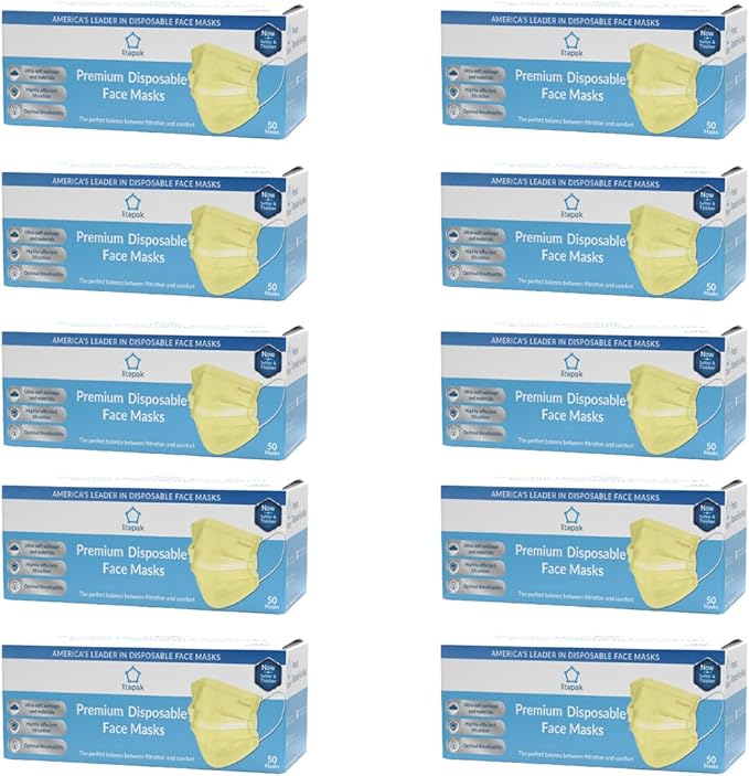 Litepak 500pcs Premium Disposable Face Mask SOFT 3ply Nose Wire - Yellow