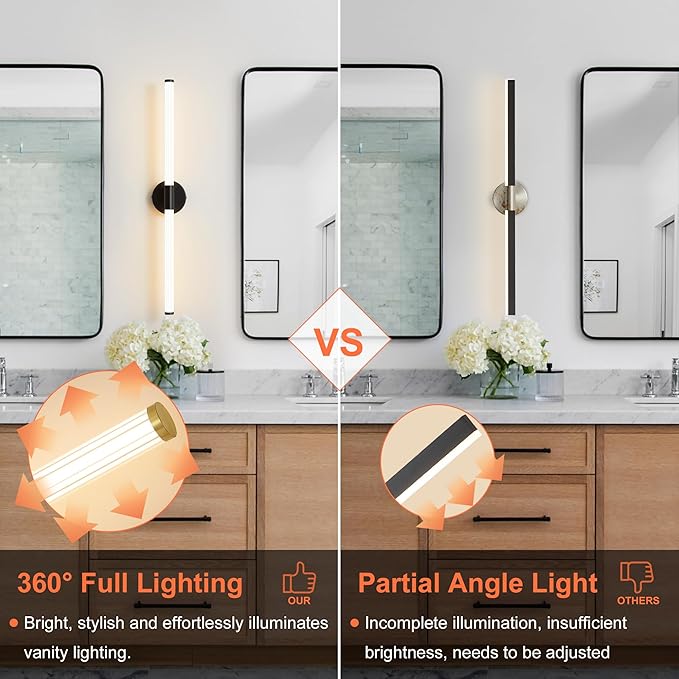 Bathroom Wall Sconces Set of 2 Hardwired Dimmable 5CCT LED Bathroom Light Fixtures Over Mirror 360° Full Lighting 31" Long Vanity Light Bar Modern Black Wall Sconce for Bath Bedroom Living Room