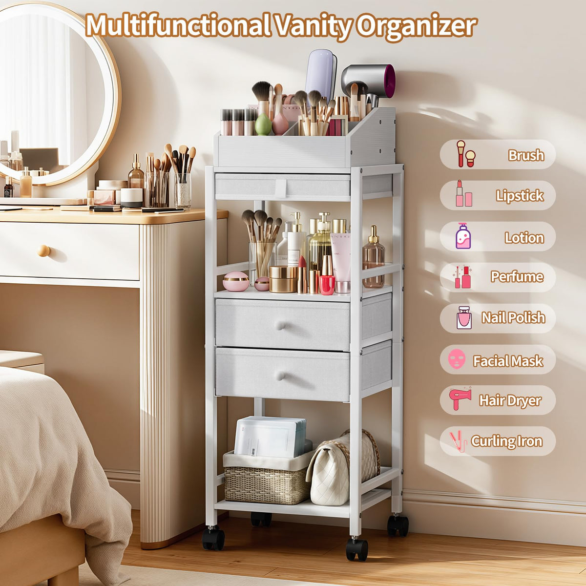 Luxspire Makeup Organizer Cart, Makeup Storage with Drawers, White