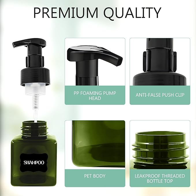 15 Pcs 8.5 oz Foaming Soap Dispenser Plastic Foaming Pump Bottle, Refillable Dispenser with Plastic Pump, Empty Hand Bottles for Liquid Soap, Shampoo, Bathroom,Hotel,Restaurant (15, Green)
