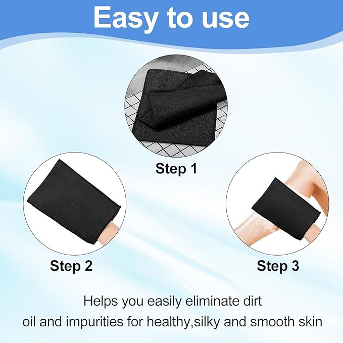 Tatuo 12 Pack Korean Exfoliating Mitt & Cloth, Viscose Rayon Dead Skin Remover Washcloth, Multi Color Body Scrub Towel for Shower Spa Travel(Small,Black)