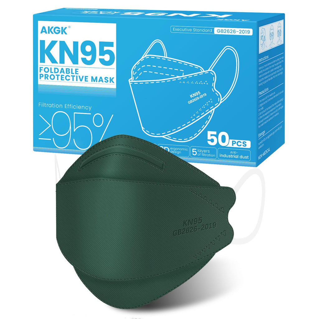 akgk KN95 Face Masks 50 Pack, 5-Ply Disposable Dark Green Face Mask Against PM 2.5 Smoke and Dust
