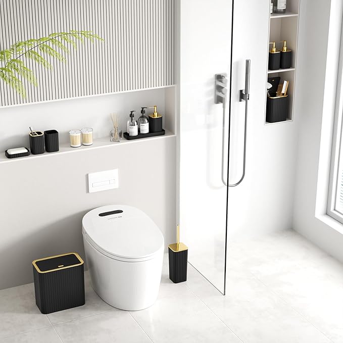 InnJoey Bathroom Accessory Set - Bathroom Set, 12PC Bathroom Accessories Set, Black Bathroom Accessories Set, Mini Trash Can, Toilet Brush, Trash Can & Soap Dispenser