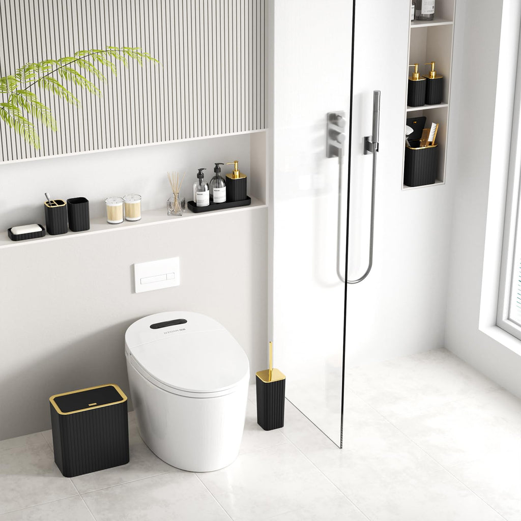 InnJoey Bathroom Accessory Set - Bathroom Set, 12PC Bathroom Accessories Set, Black Bathroom Accessories Set, Mini Trash Can, Toilet Brush, Trash Can & Soap Dispenser