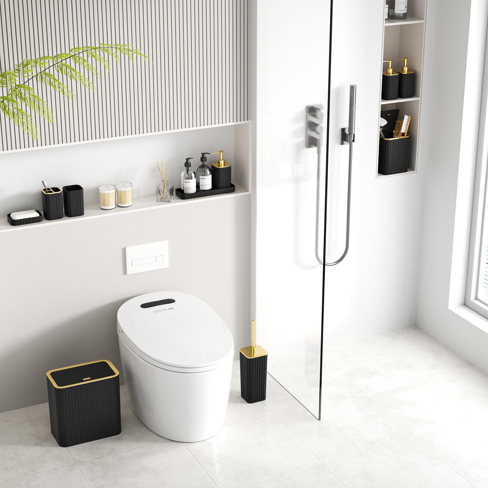 InnJoey Bathroom Accessory Set - Bathroom Set, 12PC Bathroom Accessories Set, Black Bathroom Accessories Set, Mini Trash Can, Toilet Brush, Trash Can & Soap Dispenser