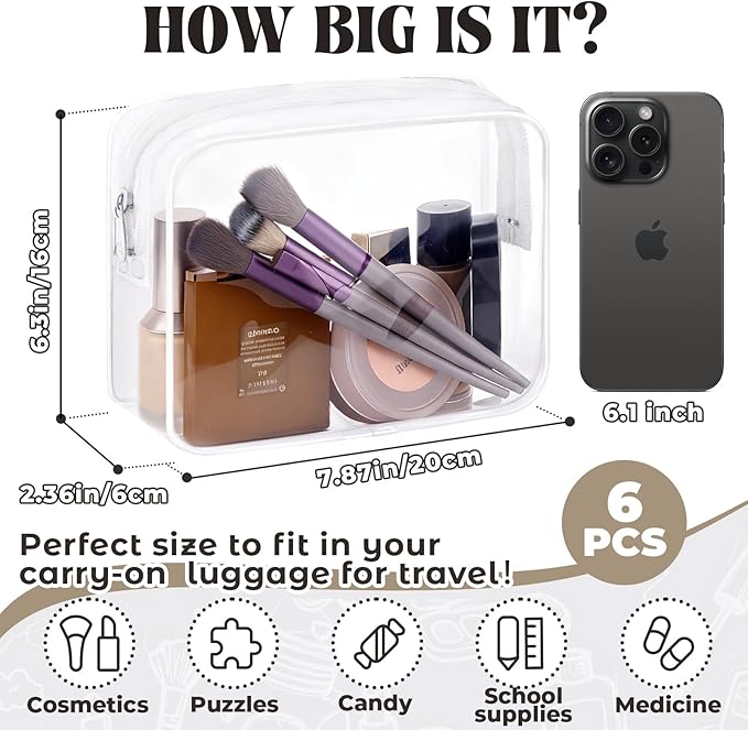 CHICAUP 6 Pieces Clear Makeup Bags Bulk TSA Approved Toiletry Bag for Travel PVC Waterproof Clear Cosmetic Pouch with Zipper for Men and Women Carry-on Travel Essentials (White)