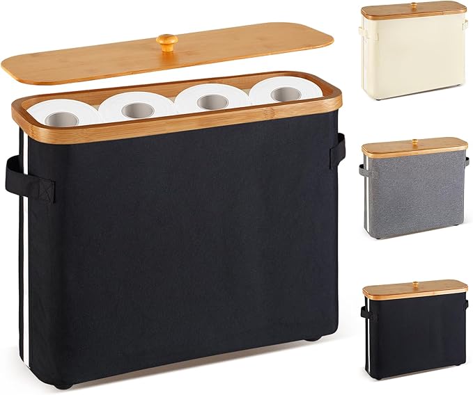 VVTHIP Bathroom Toilet Paper Storage Basket with Lid and Handle， Bamboo Collapsible Toilet Paper Holder Storage with Non-Slip Bottom,Extra Toilet Roll Storage, Black