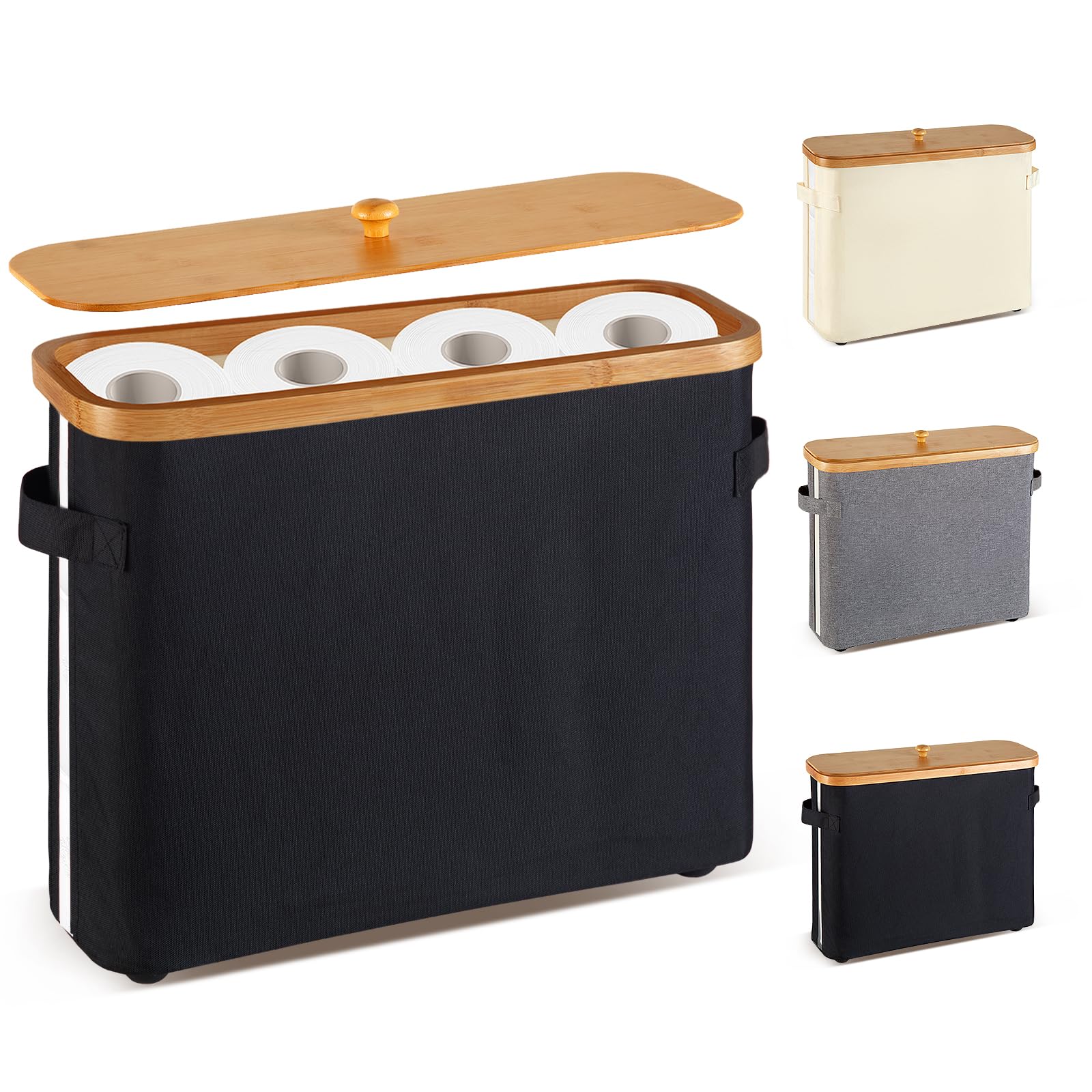 VVTHIP Bathroom Toilet Paper Storage Basket with Lid and Handle， Bamboo Collapsible Toilet Paper Holder Storage with Non-Slip Bottom,Extra Toilet Roll Storage, Black