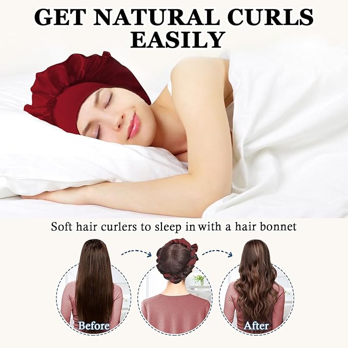 Gwabee No Heat Overnight Hair Curlers - 70" Soft Ribbon Curl Wrap with 9 Curling Rods, Headband for Long Hair Rollers - Burgundy
