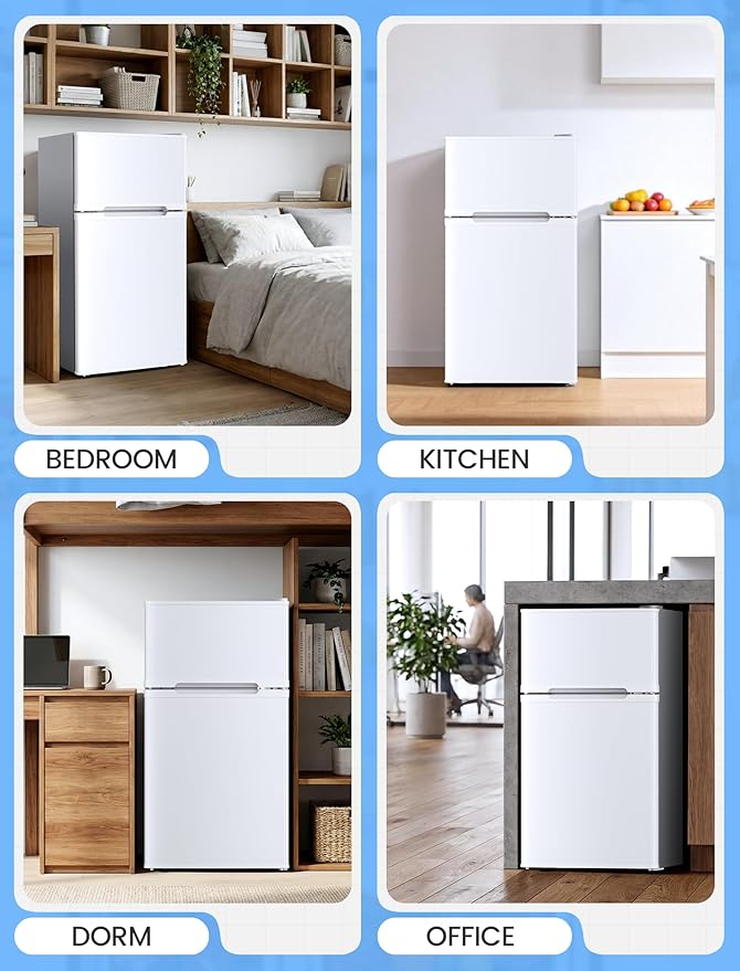 COWSAR 2.5 Cu.Ft Mini Fridge with Freezer, Double Reversible Door Compact Apartment Refrigerator with 2 Removable Shelves, Commercial Dorm Fridge for Bedroom, Office, Kitchen, Dorm, White