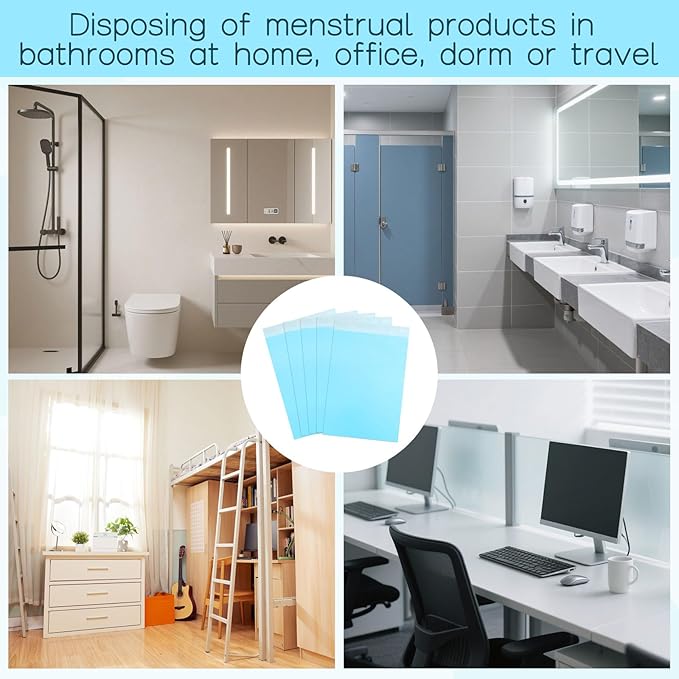 Disposable Sanitary Bags for Feminine Products, Pack of 200, Self-Adhesive Sealing, Odor Reducing, Discreet Disposal of Pads, Tampons, Liners (Light Blue)
