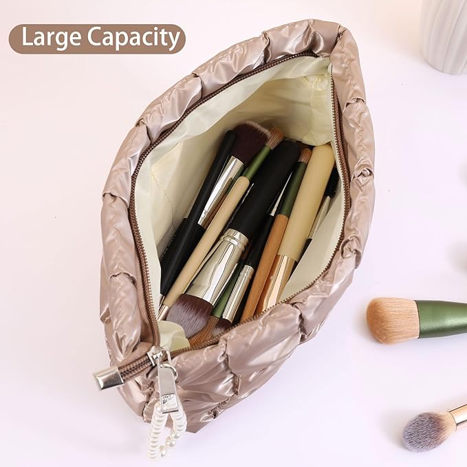 Beayuva Puffer Quilted Makeup Bag Travel Cosmetic Bag Portable Puffy Checkered Toiletry Pouch Skincare Organizer Purse Pencil Case (Champagne Gold)