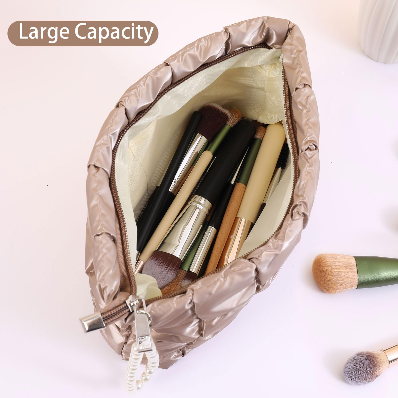Beayuva Puffer Quilted Makeup Bag Travel Cosmetic Bag Portable Puffy Checkered Toiletry Pouch Skincare Organizer Purse Pencil Case (Black)
