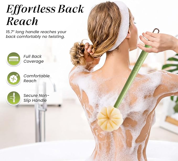 Back Scrubber for Shower with Long Handle (15.7”) – Dual-Sided Bath Brush with Loofah Sponge, Replaceable Heads, Easy Reach for Back & Body, Includes 2 Wall Hooks
