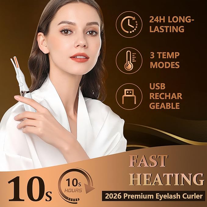 Heated Eyelash Curler - 2-in-1 Clip-Type Design, 3 Temperature Modes, USB Rechargeable Electric Eyelash Curler, Natural Curling 24H Long-Lasting Curl, Gift for Women & Girls, White-EC
