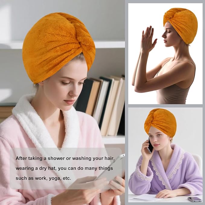 Microfiber Hair Drying Towel Wrap for Women, Hair Turbans Towel for Wet Hair,turbie Twist Hair Towels(The Color of the Picture is for Reference only) (Apricot Yellow,Apricot Yellow)