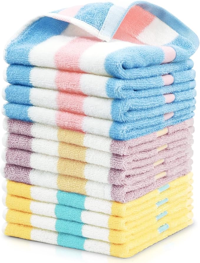 Jacquotha Cotton 12 Pack Striped Washcloths, 13 x 13 Inches, 3 Colors - Face and Body Cleansing Towels