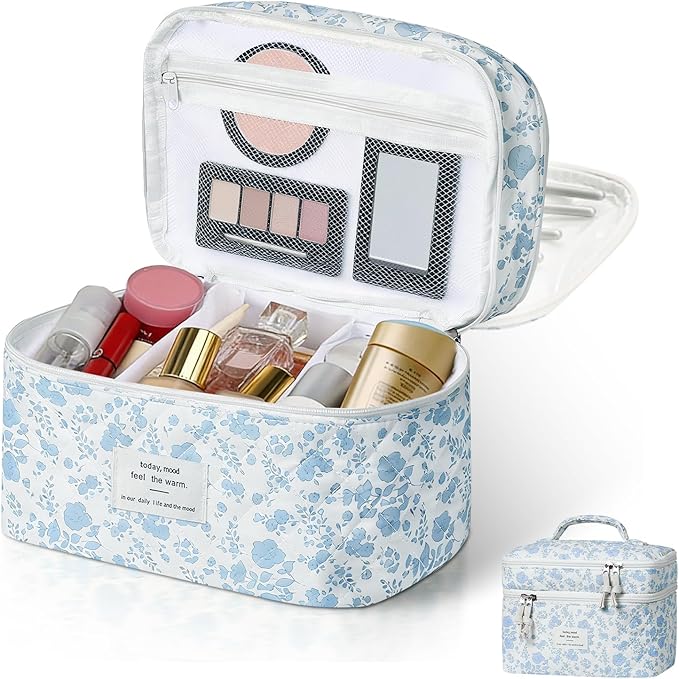 Gosect Quilted Floral Makeup Bag, Double Layer Large Capacity Cosmetic Bag with Compartments, Cute Coquette Aesthetic Toiletry Bag, Portable Travel Organizer with Dividers for Women Girls