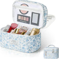 Gosect Quilted Floral Makeup Bag, Double Layer Large Capacity Cosmetic Bag with Compartments, Cute Coquette Aesthetic Toiletry Bag, Portable Travel Organizer with Dividers for Women Girls