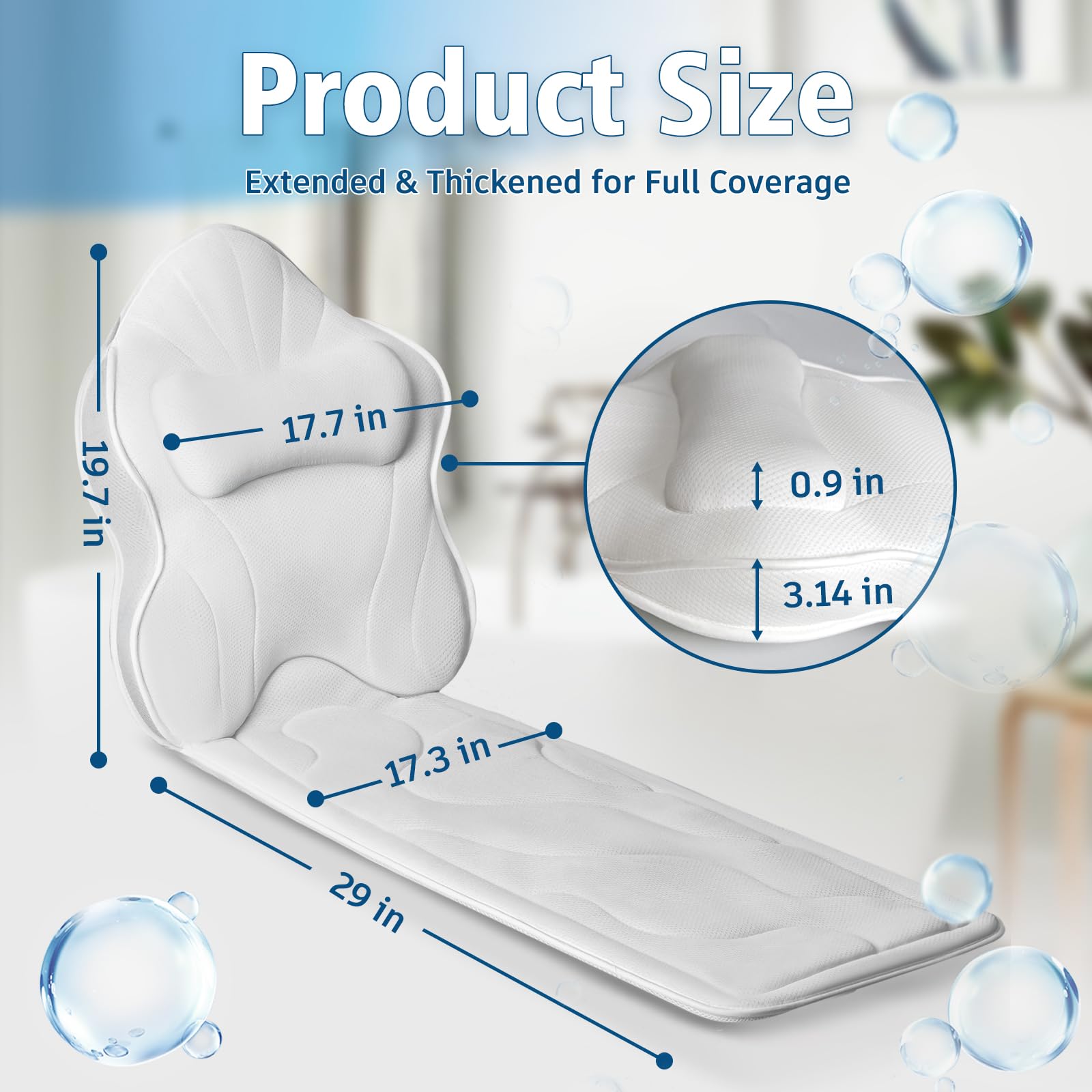 Poemland Luxury Thick Full Body Bath Pillows Mat & Cushion for Bathtub Headrest Neck Shoulder Support Comfort Relaxation Spa Accessories Perfect for a Spa Soak in Bathtub (White)