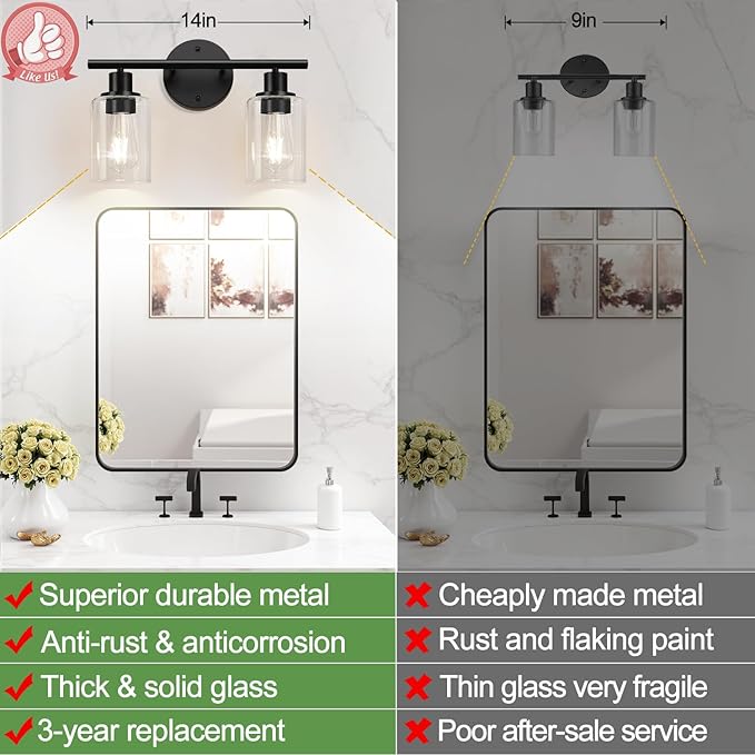 Zarbitta 2-Light Bathroom Light Fixtures, Black Modern Vanity Lights with Clear Glass Shade, Bathroom Wall Lamp for Mirror Kitchen Living Room Hallway Cabinet Porch