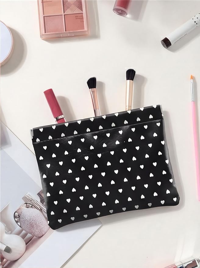 Ksriylm Dots Leather Makeup Pouch Set for Women Small Make Up Bag for Purse Waterproof Initial Makeup Cosmetic Bags Pouches for Purse Aesthetic Travel Toiletry Bag,Heart Black
