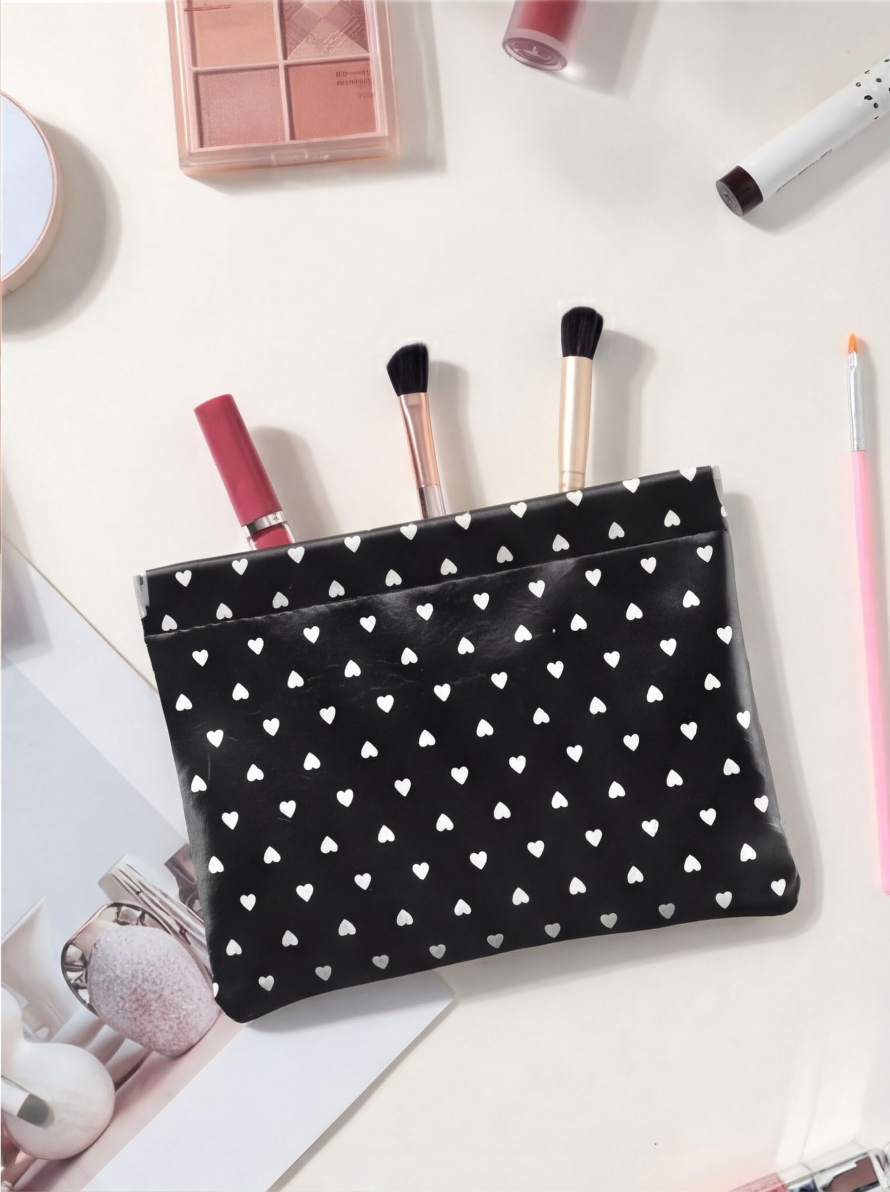 Ksriylm Dots Leather Makeup Pouch Set for Women Small Make Up Bag for Purse Waterproof Initial Makeup Cosmetic Bags Pouches for Purse Aesthetic Travel Toiletry Bag,Heart Black