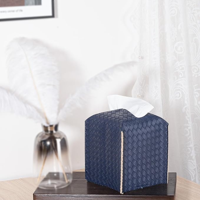 Tissue Box Cover PU Leather Tissue Holder Square Facial Tissue Case Facial Paper Organizer Dispenser for Bathroom, Vanity Countertop, Tabletop, Car, Navy Blue