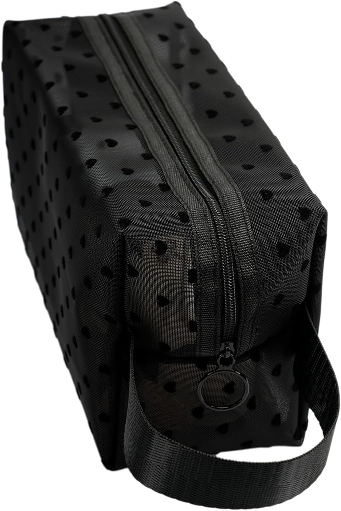 TOPASION Portable Mesh Makeup Bag with Zipper Small Travel Toiletry Bag Lightweight Cosmetic Pouch (Black&Black Heart with Handle)