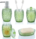 Modern Shatterproof Acrylic Olive Green Bathroom Accessories Set – 5-Piece Glass-Free Vanity Set with Soap Dispenser, Toothbrush/Makeup Brush Holder, 2 Cotton Jars with Lids, and Soap Dish