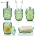 Modern Shatterproof Acrylic Olive Green Bathroom Accessories Set – 5-Piece Glass-Free Vanity Set with Soap Dispenser, Toothbrush/Makeup Brush Holder, 2 Cotton Jars with Lids, and Soap Dish