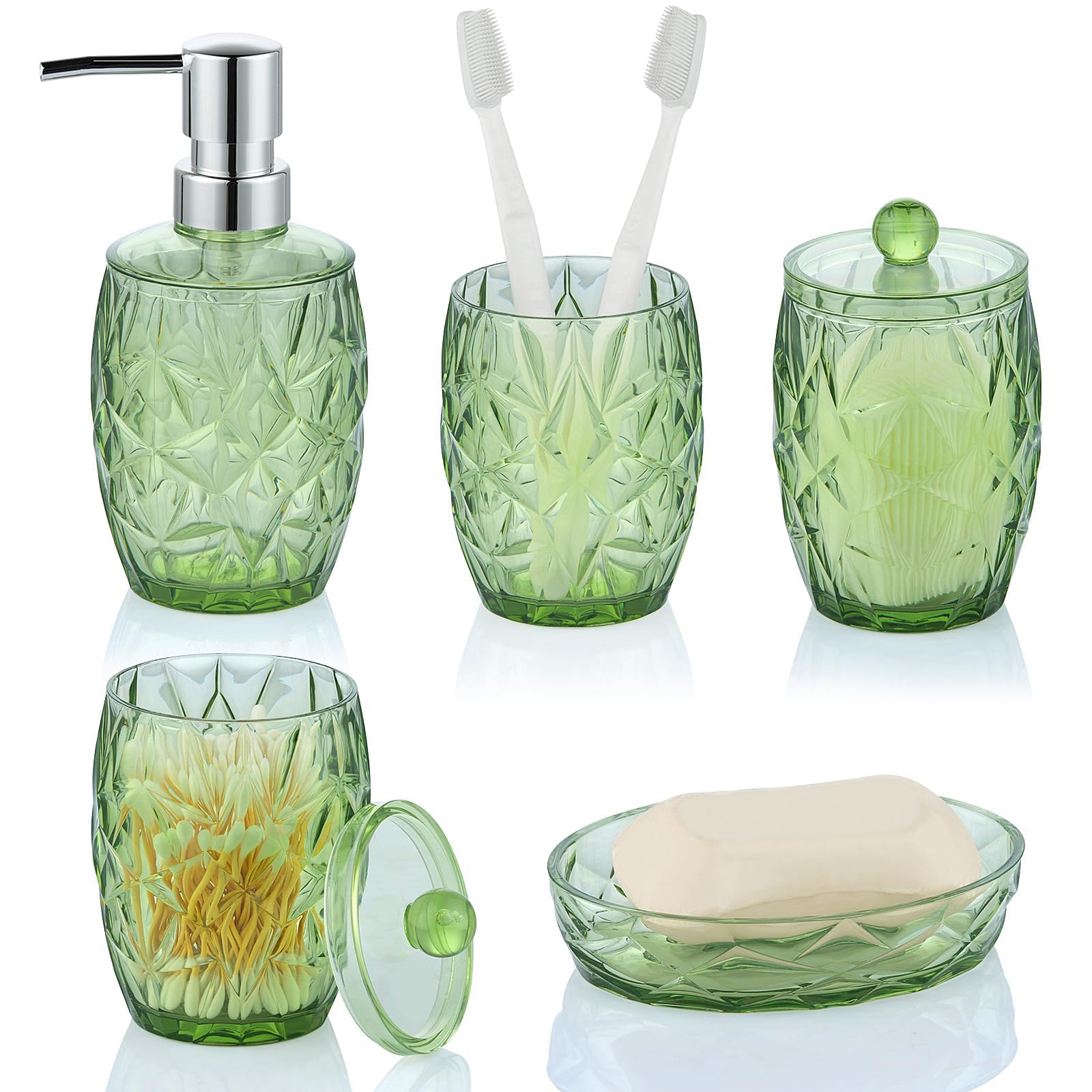 Modern Shatterproof Acrylic Olive Green Bathroom Accessories Set – 5-Piece Glass-Free Vanity Set with Soap Dispenser, Toothbrush/Makeup Brush Holder, 2 Cotton Jars with Lids, and Soap Dish