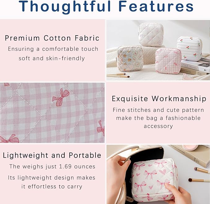 RSRSLEII Small Quilted Cosmetic Pouch for Purse, Mini Cotton Makeup Bag with Compartments, Cute Zipper Lipstick Holder for Women (11Checkered Pink bow)