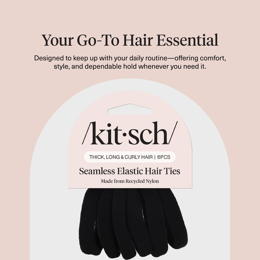 Kitsch Nylon Hair Ties No Damage - Stretchable Hair Bands for Strong All-Day Hold, Ponytail Holders | Hair Accessories for Girls - Black, 6 Pcs
