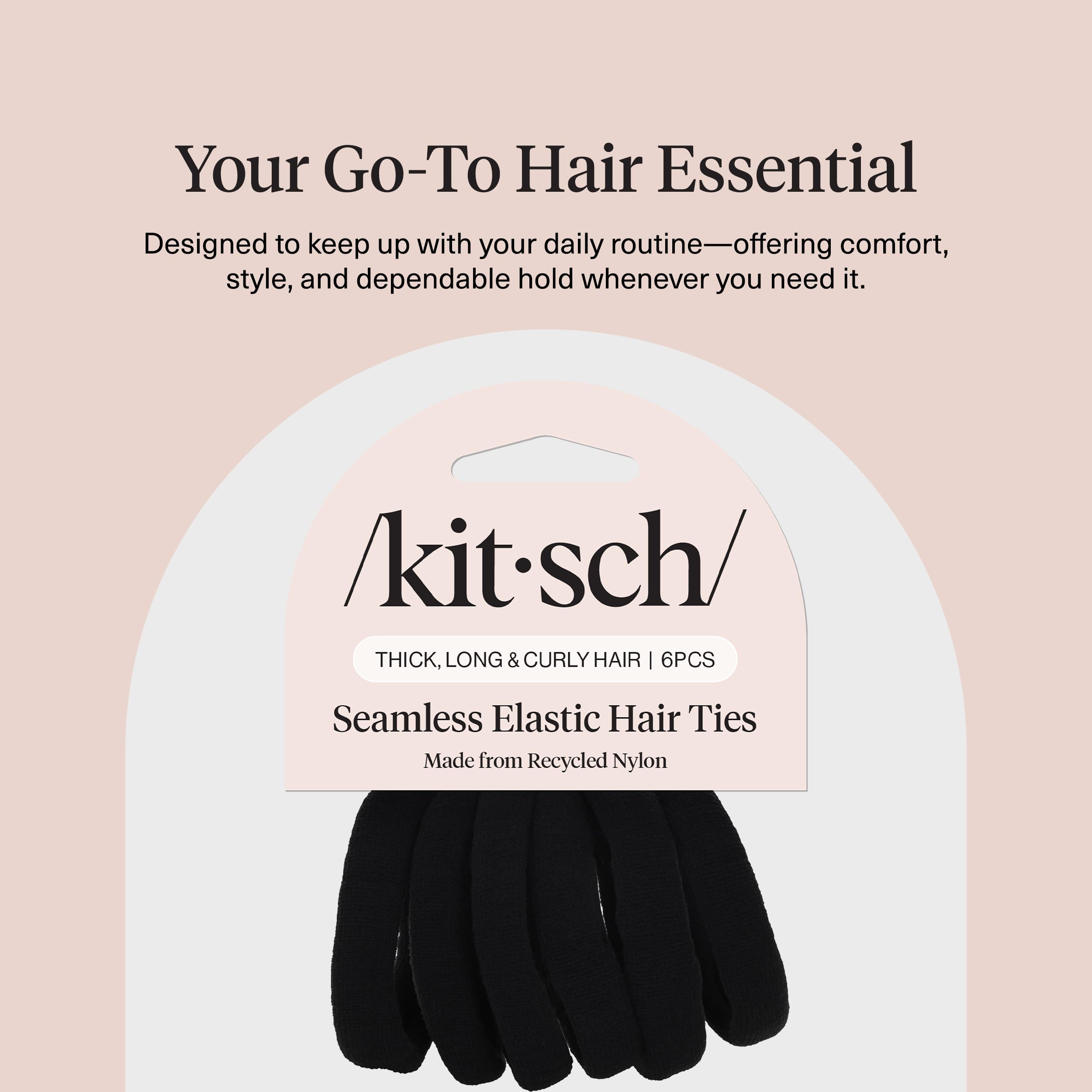 Kitsch Nylon Hair Ties No Damage - Stretchable Hair Bands for Strong All-Day Hold, Ponytail Holders | Hair Accessories for Girls - Black, 6 Pcs