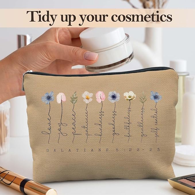 Likjad Christian Gifts Makeup Bag, Floral Christian Cosmetic Bags for Women, Galatians 5:22-23 Bible Verse Makeup Pouch, Faith Based Gifts Zipper Pouch(pale brown)