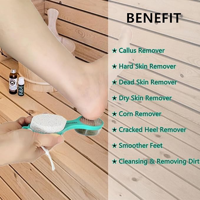YIOYOODA Foot File Callus Remover 5-in-1, 2 Pcs Feet Scraper Pedicure Tools with Pumice Stone, Scrubber Brush, Stainless Steel Foot Rasp and Sand Paper Debris Catcher, Multi Purpose, Cyan