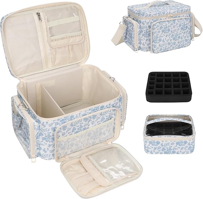 Bagmoly Nail Polish Organizer, Nail Polish Storage Holds 42+ Bottles & Nail Lamp, Portable Travel Nail Kit Storage Carrying Case Fits Nail Suppiles, Gift for Manicurist, Grils - Blue Flower